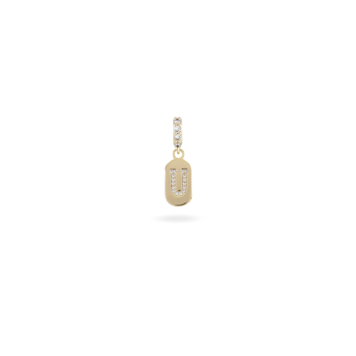 The LETTER JUST CLICK CHARM which is made of gold filled encrusted zirconia letter "U" initial. ||| U/GOLD