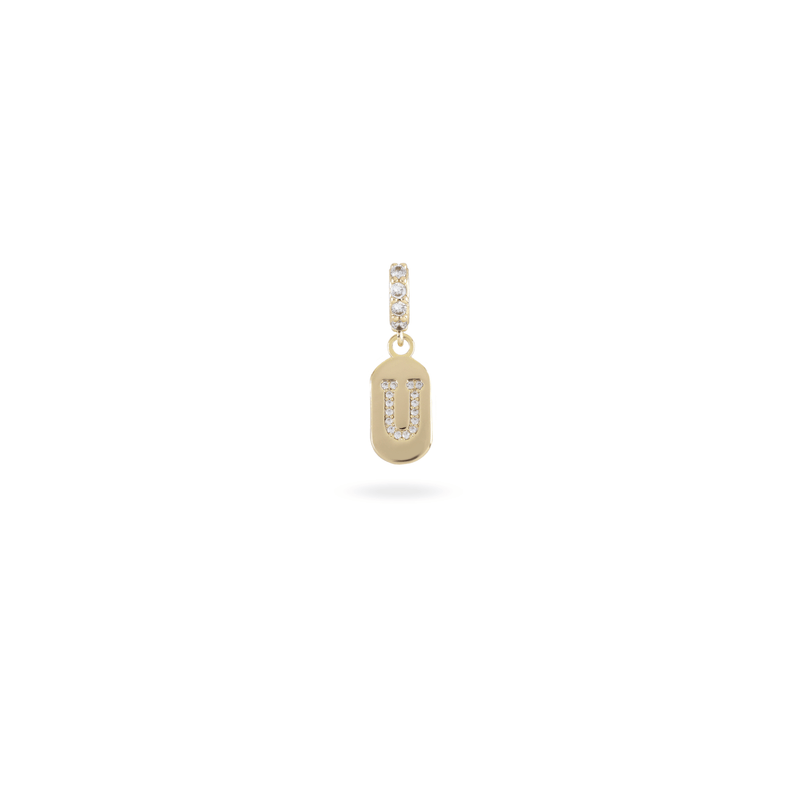 The LETTER JUST CLICK CHARM which is made of gold filled encrusted zirconia letter "U" initial.