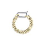 The MINIMAL CAN OPENER CHAIN RING, which is a bold and unique gold ring, features a chunky chain-link design connected by a sleek can opener-style clasp. This statement piece stands out on its own or can be stacked with other rings for a layered, modern look. ||| MIX