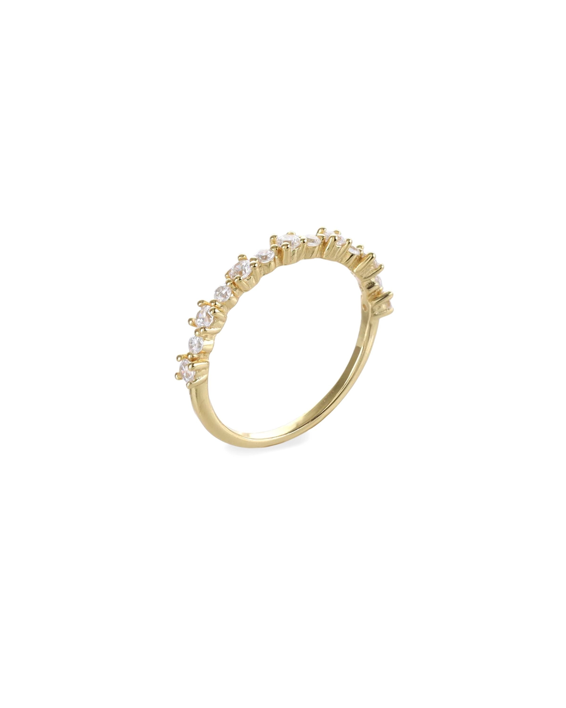 The Crown Ring, which is a single gold ring, features a delicate band adorned with a row of sparkling crystal accents in a crown-like design. This elegant piece is perfect for stacking or wearing alone for a subtle yet luxurious statement. Ideal for adding a touch of sophistication to everyday looks or special occasions.