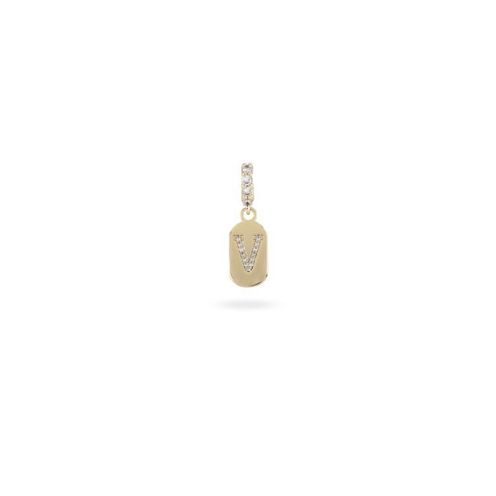 The LETTER JUST CLICK CHARM which is made of gold filled encrusted zirconia letter "V" initial. ||| V/GOLD