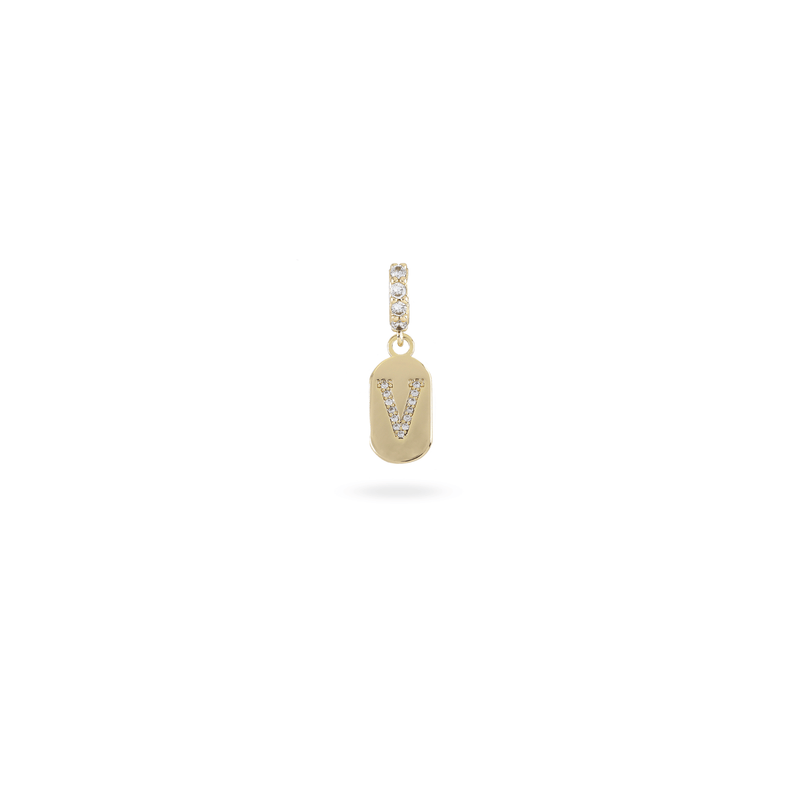 The LETTER JUST CLICK CHARM which is made of gold filled encrusted zirconia letter "V" initial.