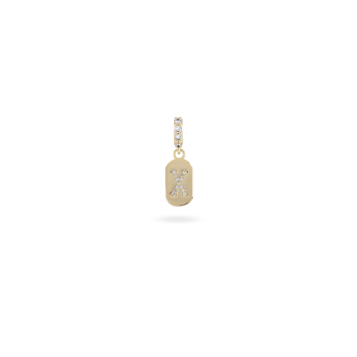The LETTER JUST CLICK CHARM which is made of gold filled encrusted zirconia letter "X" initial. ||| X/GOLD