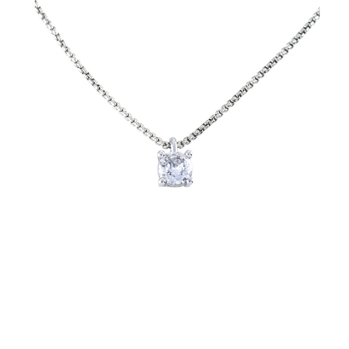 Bright Solitaire Necklace which is a thin silver necklace with a Single Round Brilliant-Cut Diamond.