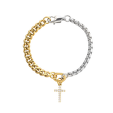 The OPPOSITES ATTRACT CHAIN BRACELET, a two-tone bracelet with half gold Cuban links and half silver box chain, featuring a small pavé cross charm hanging from the center. |||  Cross Charm/MIX