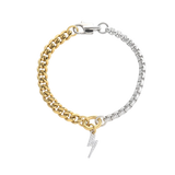 The OPPOSITES ATTRACT CHAIN BRACELET, a two-tone bracelet with half gold Cuban links and half silver box chain, featuring a small Lightning charm hanging from the center. ||| Lightning Charm/MIX