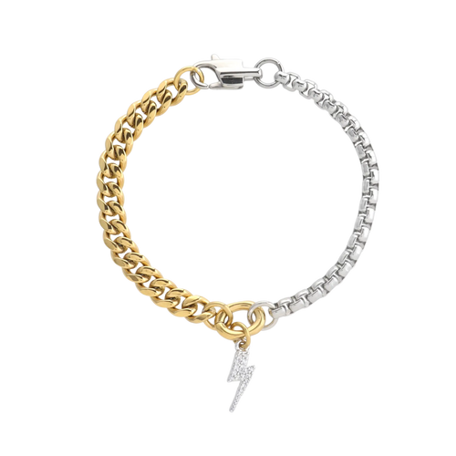 The OPPOSITES ATTRACT CHAIN BRACELET, a two-tone bracelet with half gold Cuban links and half silver box chain, featuring a small Lightning charm hanging from the center. ||| Lightning Charm/MIX