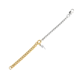 The OPPOSITES ATTRACT CHAIN BRACELET, a two-tone bracelet with half gold Cuban links and half silver box chain, featuring a small Lightning charm hanging from the center. ||| Lightning Charm/MIX