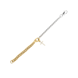 The OPPOSITES ATTRACT CHAIN BRACELET, a two-tone bracelet with half gold Cuban links and half silver box chain, featuring a small cross charm hanging from the center. |||  Cross Charm/MIX
