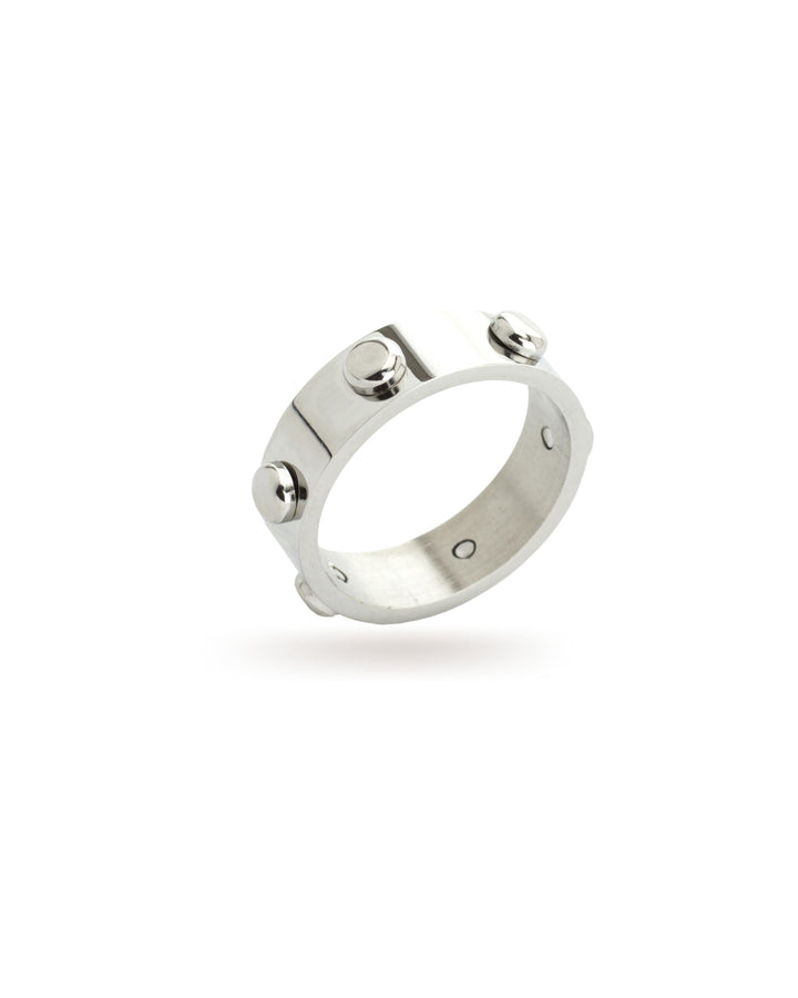 The BALLSY RING which is made of silver plated stainless steel with silver circle studs around. ||| SILVER