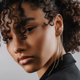 Three Tennis Earring Chains, each a single long gold chain earring with tiny sparkling stones. ||| GOLD