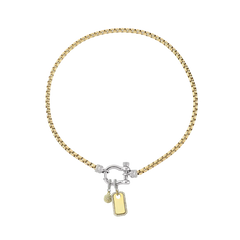 The Herradura Signature Charm Party, a mixed-metal necklace featuring a gold chain, silver-tone herradura clasp, and 2 charm accents. ||| SILVER