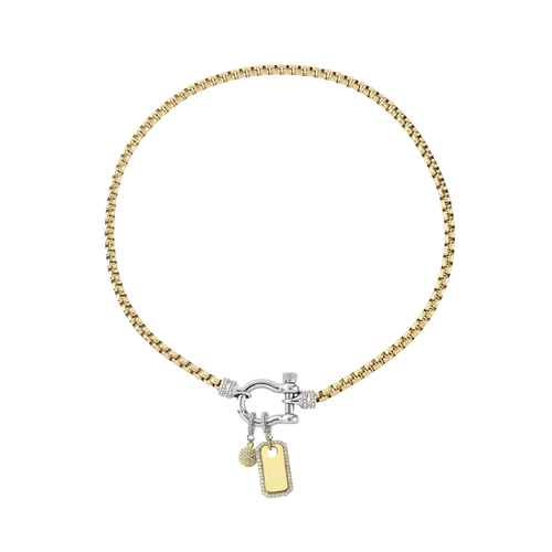 The Herradura Signature Charm Party, a mixed-metal necklace featuring a gold chain, silver-tone herradura clasp, and 2 charm accents. ||| SILVER