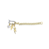 The Lightning Spear Can Opener Ring, which is a bold gold chain ring featuring a unique clasp design and dangling charms, includes a lightning bolt, a triangle spear, and a sparkling crystal charm. This eye-catching piece showcases gold accents with a touch of silver on the clasp, creating a distinctive and edgy look perfect for making a statement.