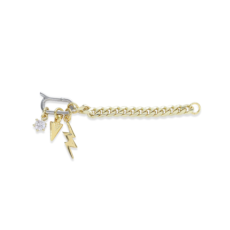 The Lightning Spear Can Opener Ring, which is a bold gold chain ring featuring a unique clasp design and dangling charms, includes a lightning bolt, a triangle spear, and a sparkling crystal charm. This eye-catching piece showcases gold accents with a touch of silver on the clasp, creating a distinctive and edgy look perfect for making a statement.