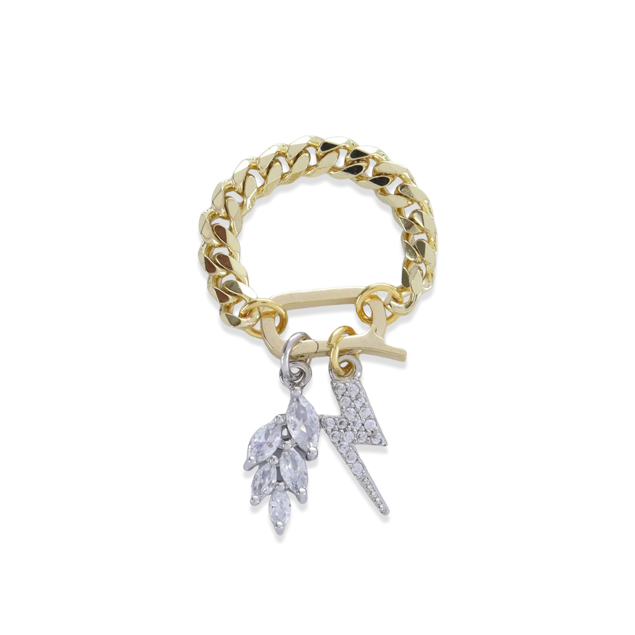 The Electric Leaf Can Opener Ring, a bold and unique statement piece featuring a gold chain with a detachable can opener clasp adorned with sparkling leaf and a lightning bolt charm.