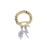The Electric Leaf Can Opener Ring, a bold and unique statement piece featuring a gold chain with a detachable can opener clasp adorned with sparkling leaf and a lightning bolt charm.