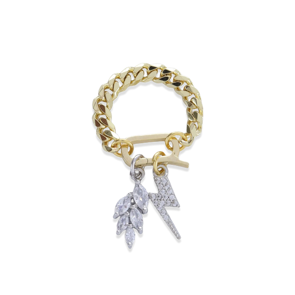 The Electric Leaf Can Opener Ring, a bold and unique statement piece featuring a gold chain with a detachable can opener clasp adorned with sparkling leaf and a lightning bolt charm.