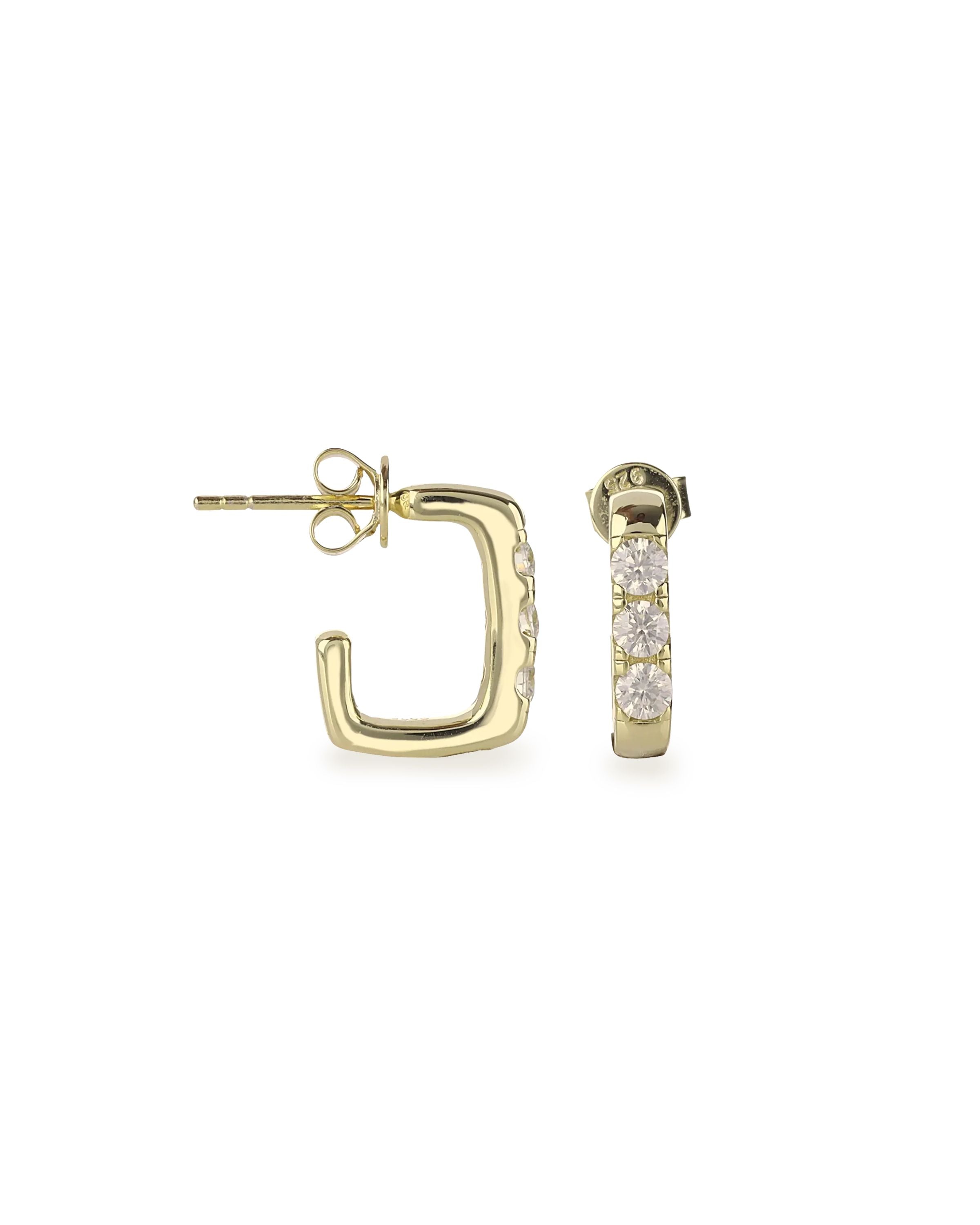 The RECTANGLE HOOP, which is a pair of elegant gold-tone earrings, features a rectangular hoop design adorned with sparkling cubic zirconia stones. These modern earrings offer a sophisticated twist to classic hoops, perfect for everyday wear or special occasions.