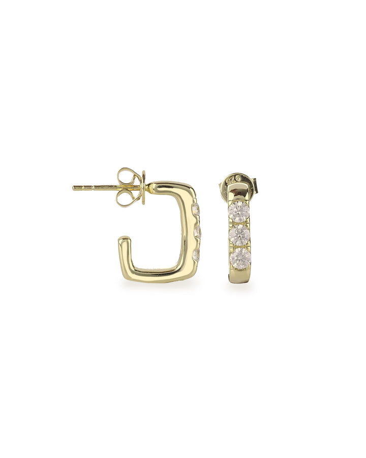 The RECTANGLE HOOP, which is a pair of elegant gold-tone earrings, features a rectangular hoop design adorned with sparkling cubic zirconia stones. These modern earrings offer a sophisticated twist to classic hoops, perfect for everyday wear or special occasions.
