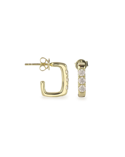 The RECTANGLE HOOP, which is a pair of elegant gold-tone earrings, features a rectangular hoop design adorned with sparkling cubic zirconia stones. These modern earrings offer a sophisticated twist to classic hoops, perfect for everyday wear or special occasions.