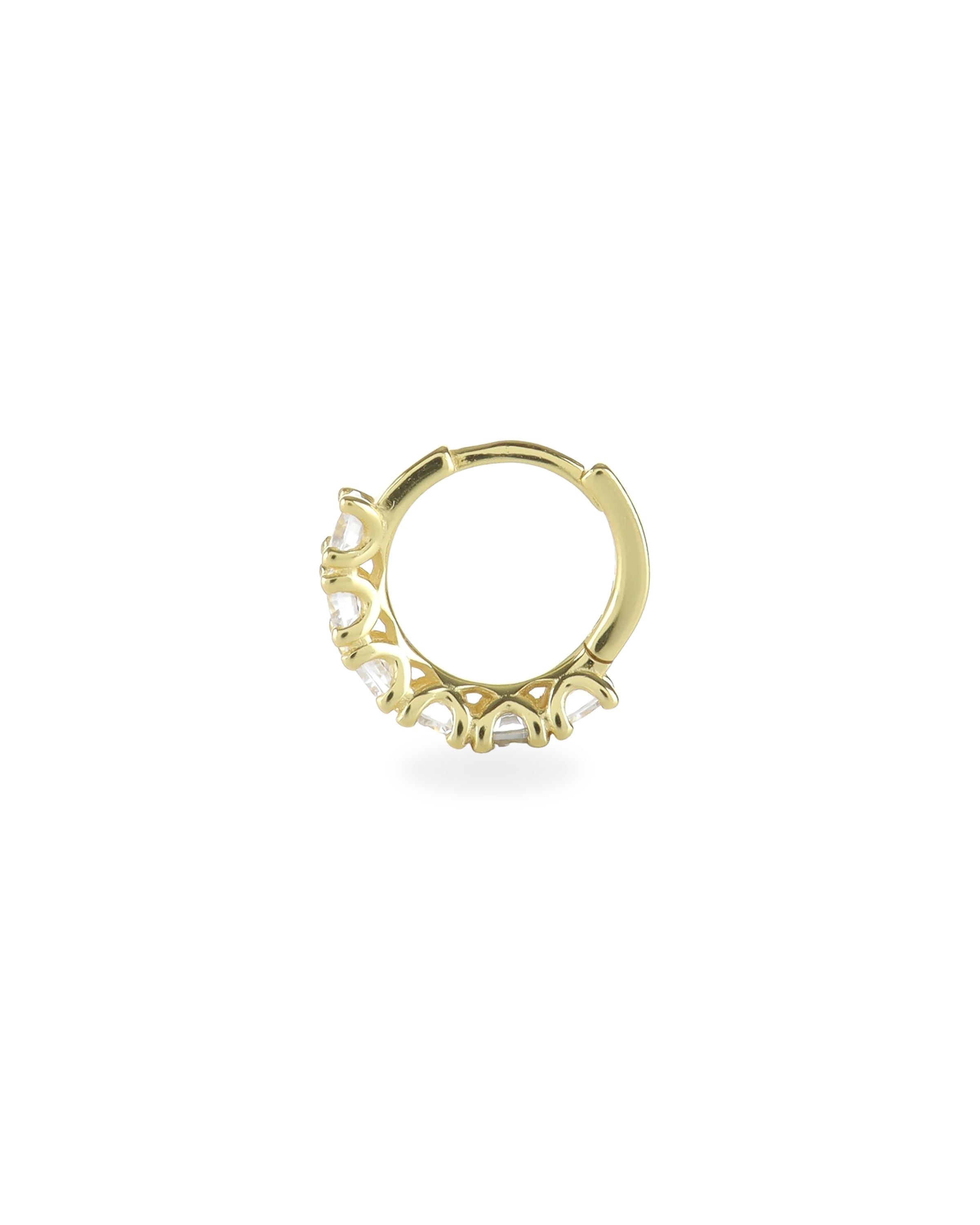 The Gold Crown Hoops Piercings, an elegant gold hoop earrings adorned with a row of prong-set crystals.
