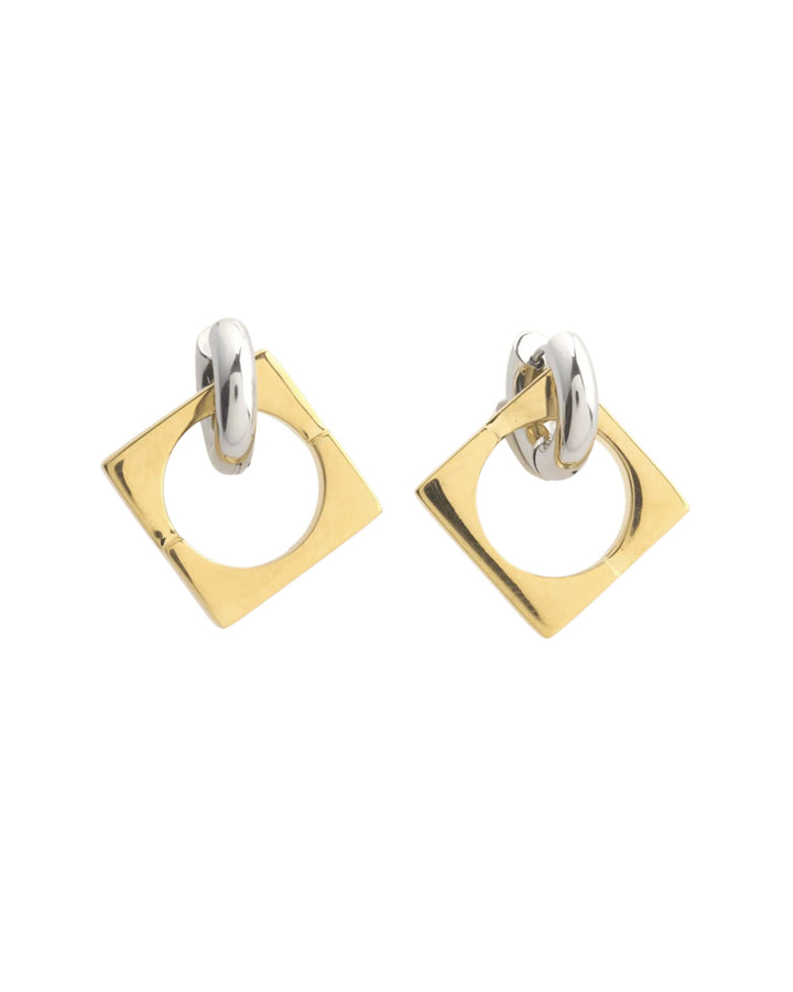 The SQUARE MIX Hoop Earrings featuring a bold geometric design with gold-tone square hoops and silver-tone chunky links.