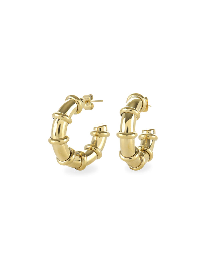 The Ringed-Up Bagel Hoops, a stunning pair of gold hoop earrings featuring a distinctive segmented design inspired by the shape of a bagel. 