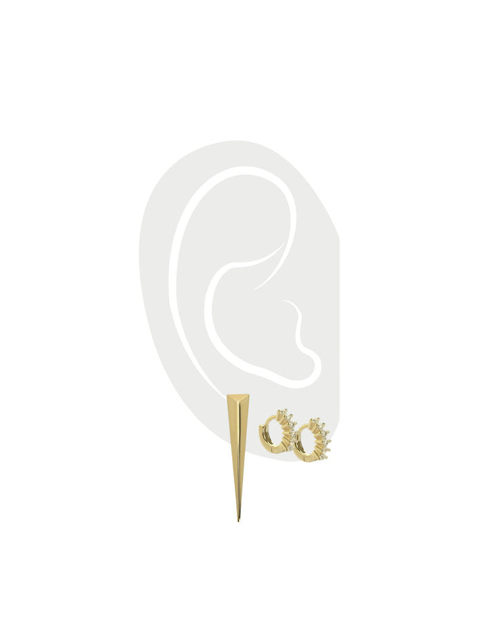 Pair of Gold huggies earrings with zirconia stones, 0.9 mm in size and 1 individual gold needle earring which is an 18k gold plated triangle shaped earring. ||| GOLD