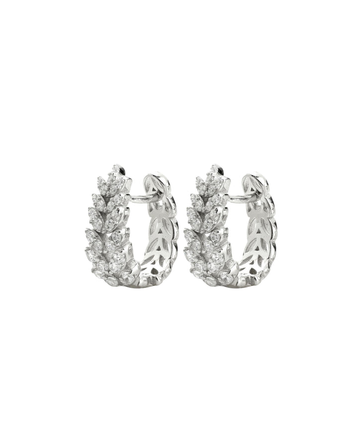 The LEAF CRYSTAL HUGGIES are made of 925 sterling silver covered with leaf shaped cubic zirconia.