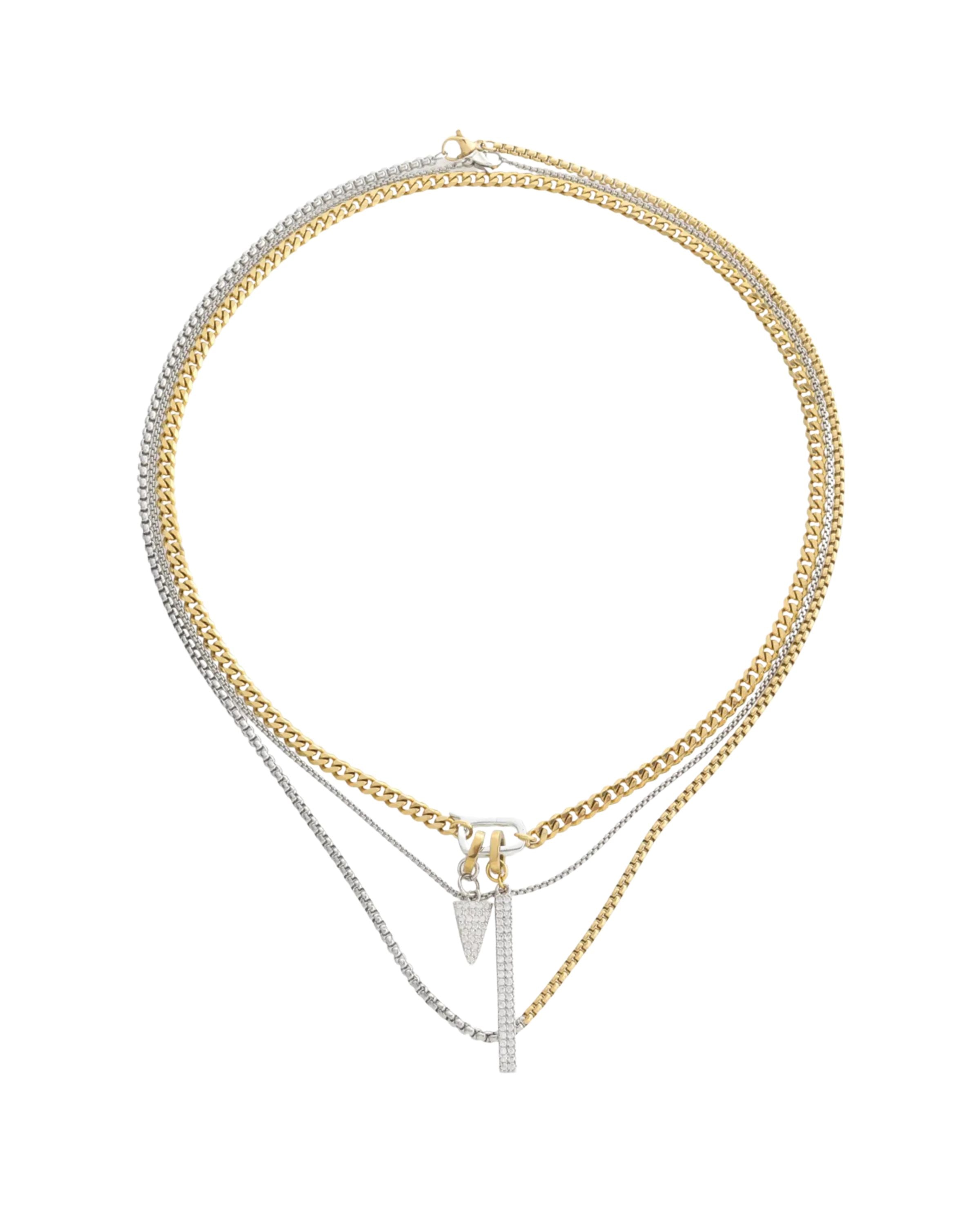 Can Opener Mix Pavé Layered Necklace Set, a mixed-metal layered necklace featuring gold and silver chains with pavé pendants attached to a signature carabiner clasp.