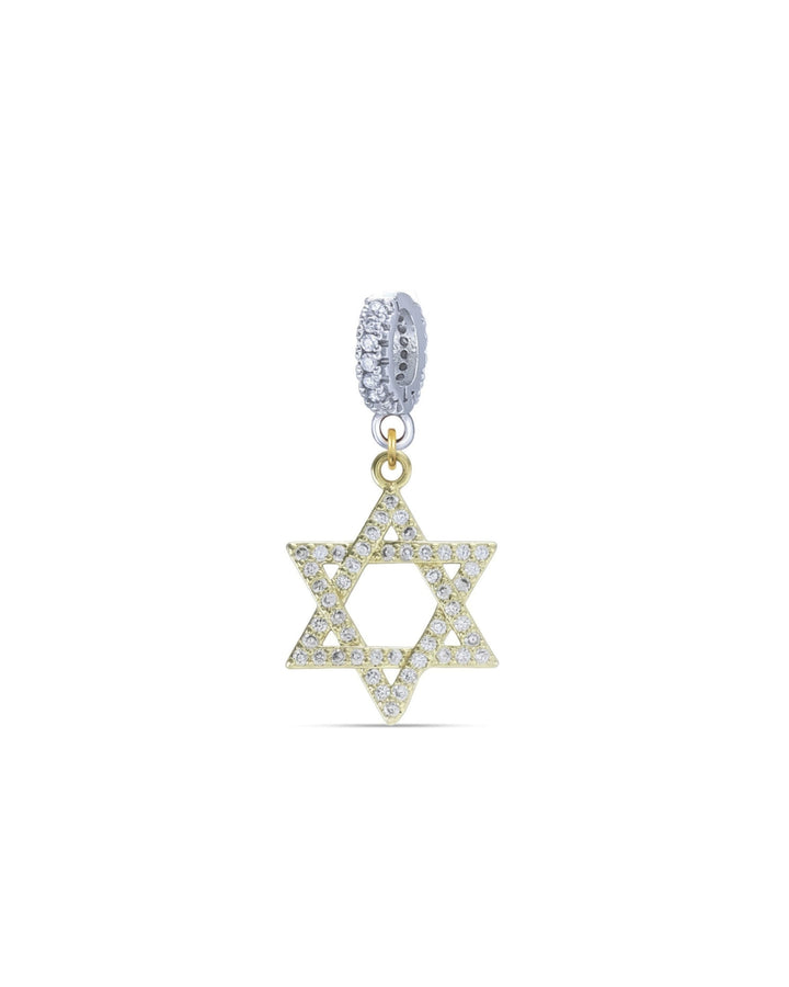 The Gold David’s Star Charm  which is a Six-Pointed Star-Shaped Gold Charm with Diamond Accents. ||| MIX