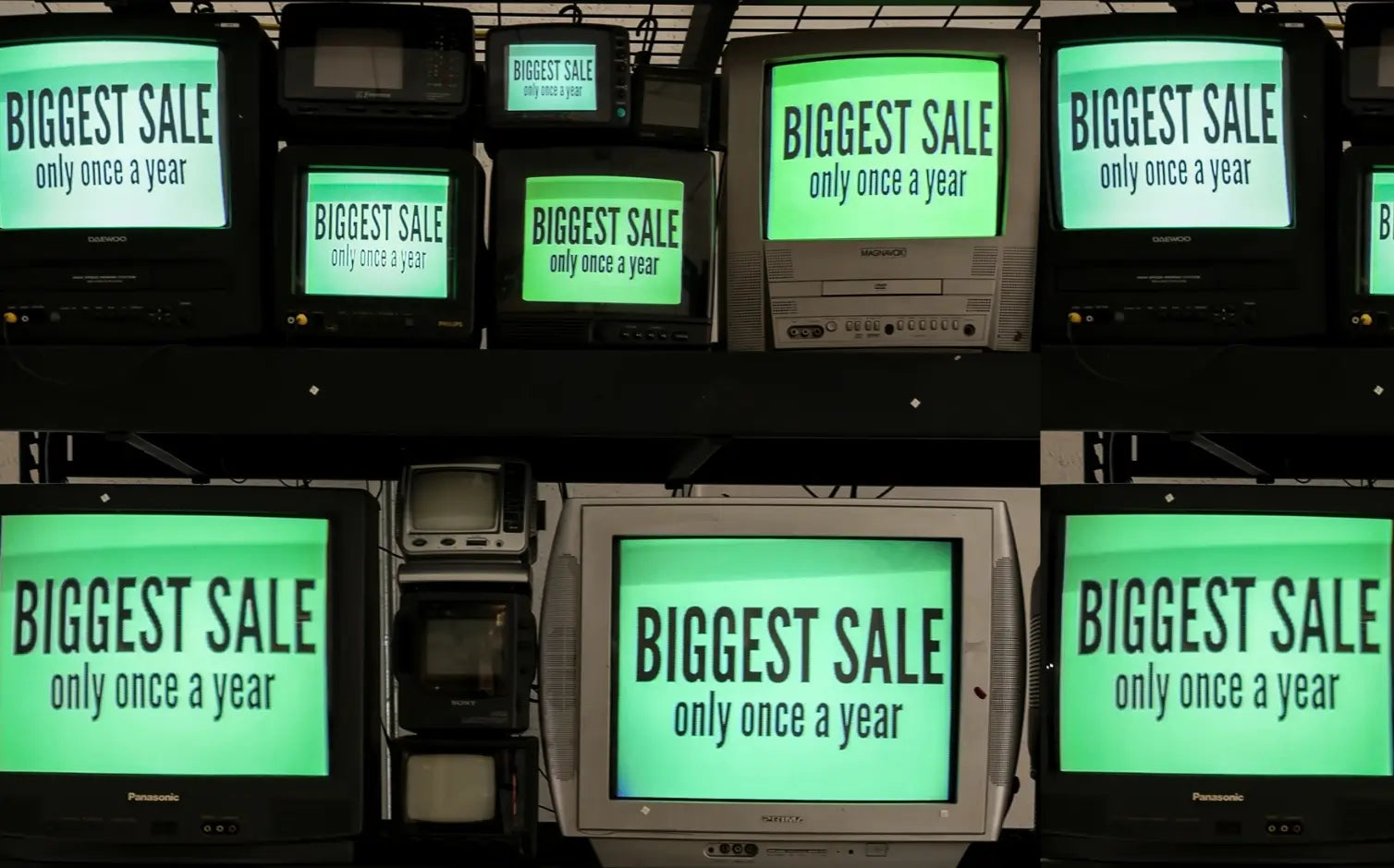"Vintage televisions display 'BIGGEST SALE only once a year' in green screens, promoting Arizan Joyeria Jewelry's annual sale event."