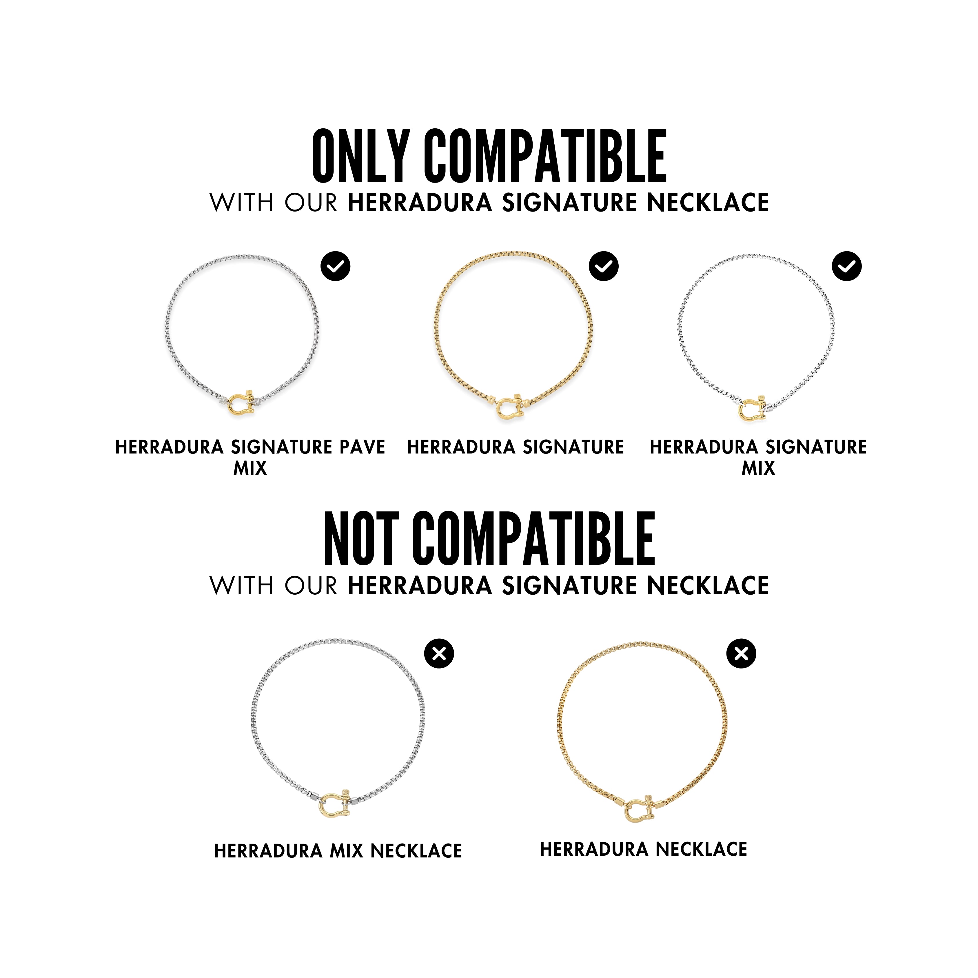 Compatibility guide for Artizan Joyeria Jewelry showing necklaces compatible and not compatible with the Herradura Signature Necklace screw.