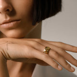 Model wearing a Gold-plated Stainless Steel Accordion Ring with Geometric Pattern