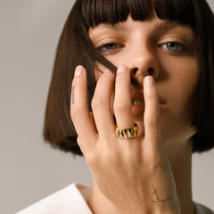Model wearing a Gold-plated Stainless Steel Accordion Ring with Geometric Pattern.