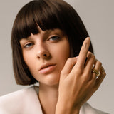 Model wearing a Gold-plated Stainless Steel Accordion Ring with Geometric Pattern