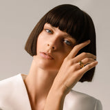 Model wearing a Gold-plated Stainless Steel Accordion Ring with Geometric Pattern