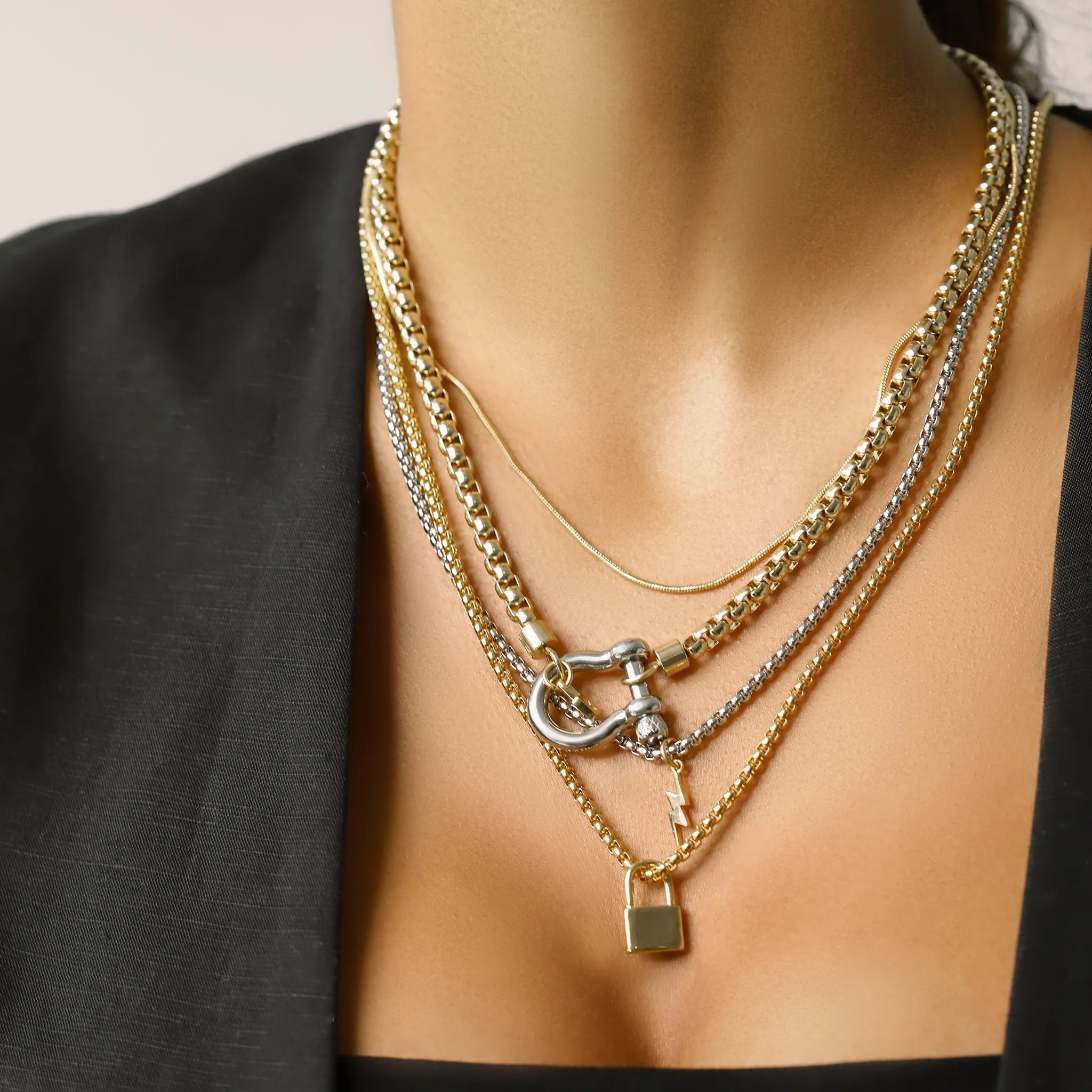Layered Lock & Key Necklace, Gold Plated Chain Pendant