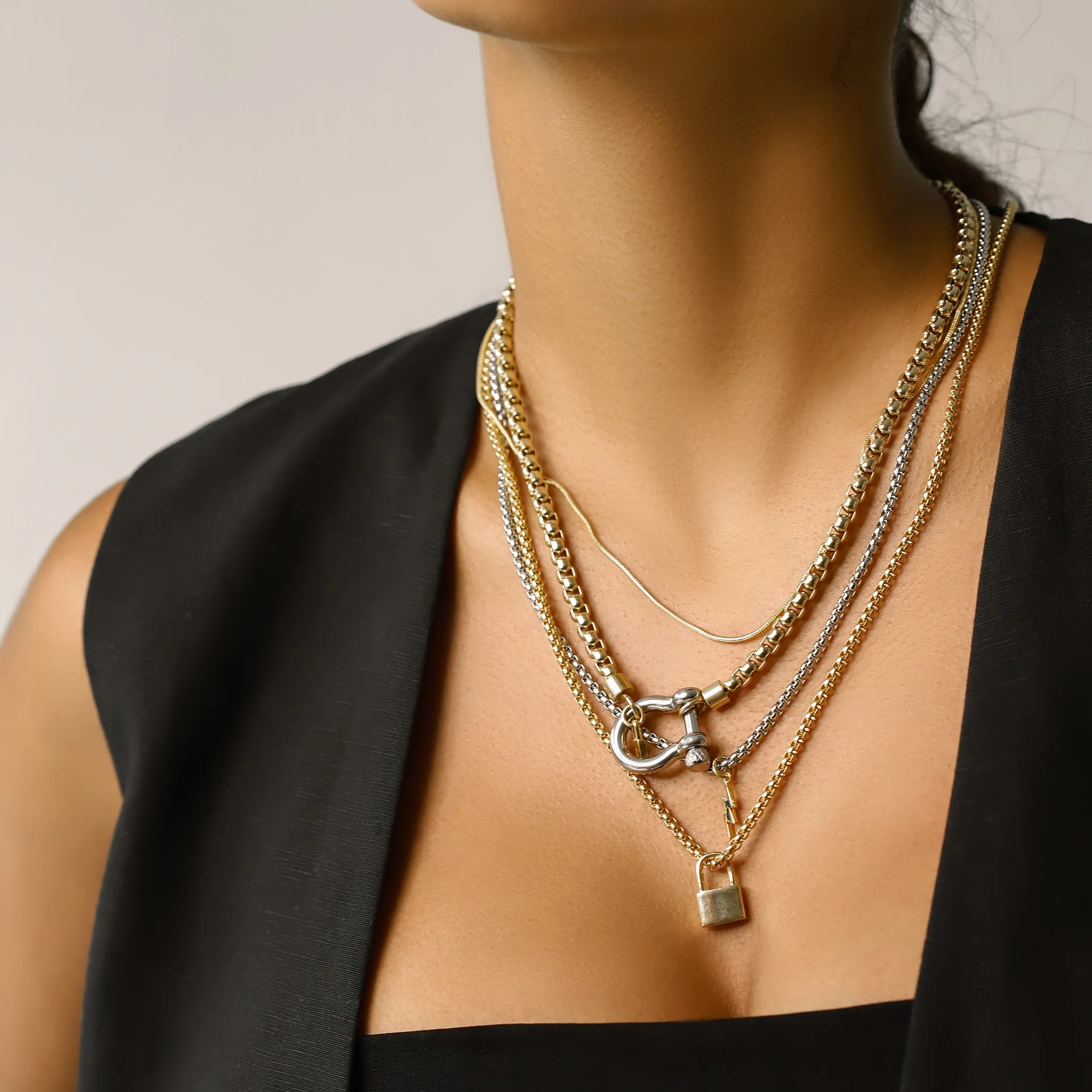 Lock Key Three Layer Necklace Multi Layer Neck Chain - Jewelry