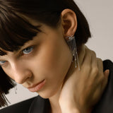 Model wearing the Rain Drop Earrings, a pair of silver earrings featuring cascading chains with diamond-like accents.