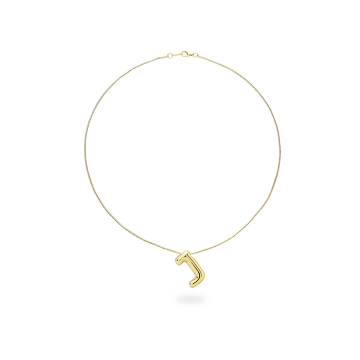 The BALLOON LETTER NECKLACE, a delicate gold necklace featuring a playful, balloon-shaped letter "J" pendant.||| J/GOLD