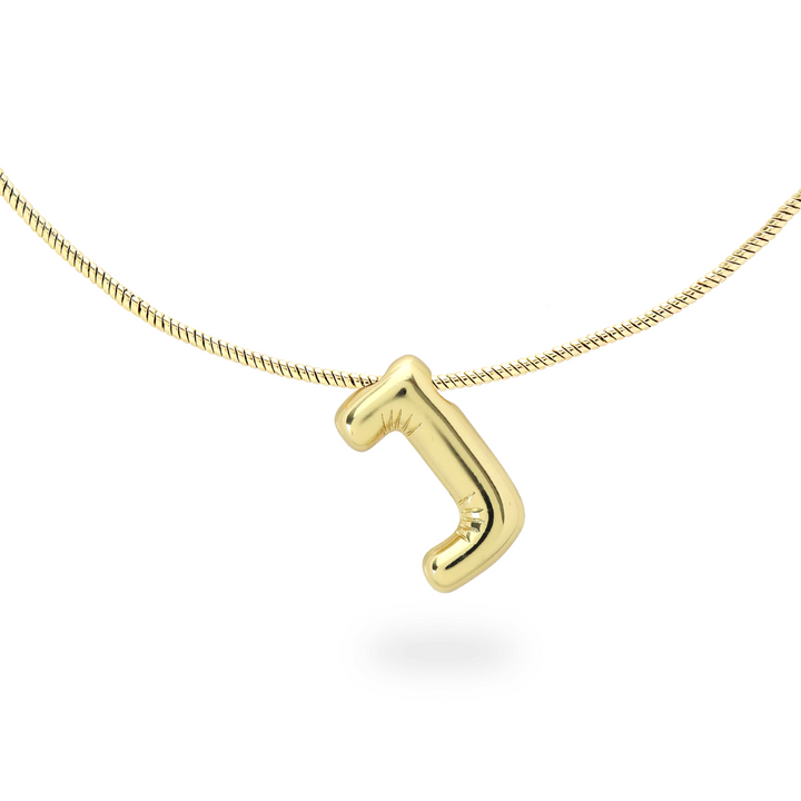 The BALLOON LETTER NECKLACE, a delicate gold necklace featuring a playful, balloon-shaped letter "J" pendant.||| J/GOLD