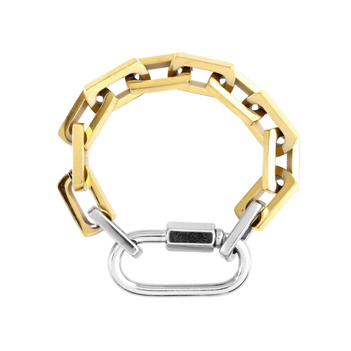 The CARABINER SQUARE PUERTO BRACELET made of 18k gold plated chunky square link chain with silver carabiner. It has two silver links close to the silver carabiner.