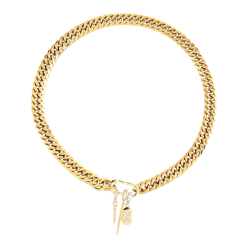 The Just Click Letter Chain which is made of 18 k gold plated chunky chain and box clasp with three Just Click charms. The Just Click Needle, Letter and the JUST CLICK SPIKE CHARM which is made of Sterling silver 18k gold plated encrusted zirconia long spike charm.