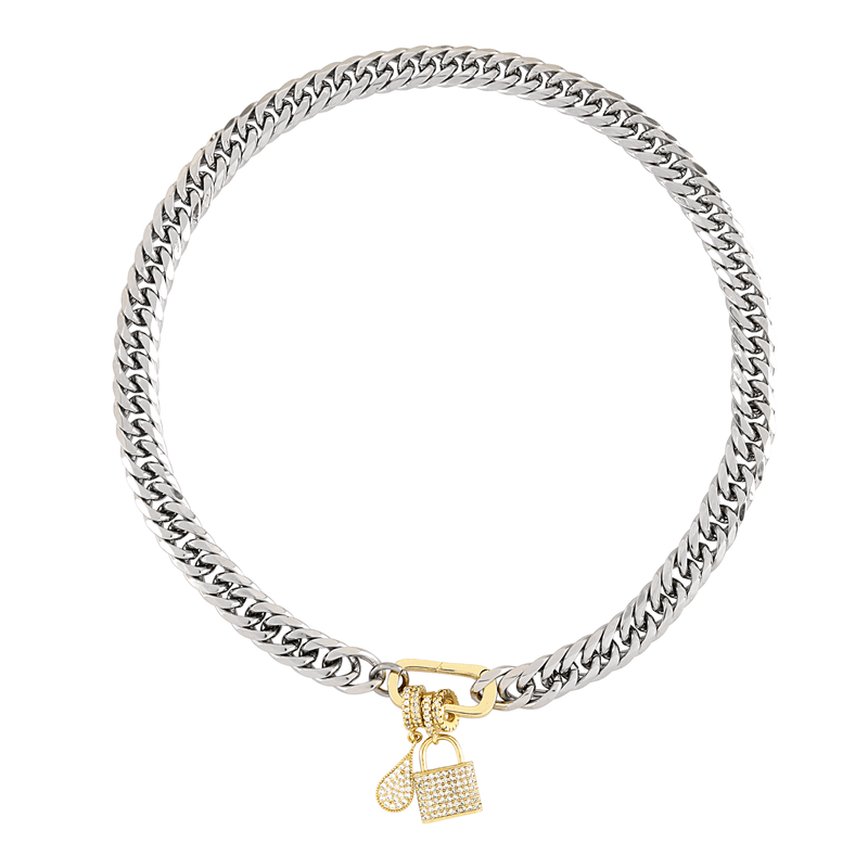 The Just Click Silver Necklace with gold box clasp  and two just click charms. The Just Click Lock Charm and the Just Click Drop Charm made of Sterling silver 18k gold plated encrusted zirconia drop pave charm.