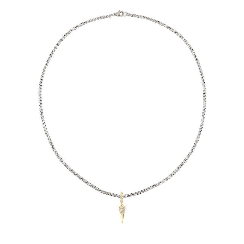 Stainless steel chain with the JUST CLICK PAVE SPIKE CHARM which is made of Sterling silver 18k gold plated encrusted zirconia spike pave charm.
