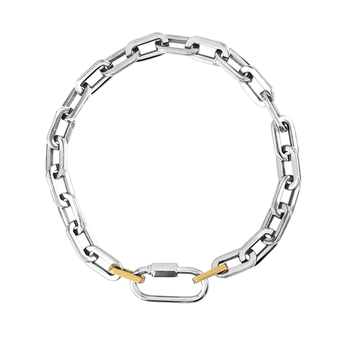 The Carabiner Puerto Necklace, which is a bold silver chain necklace featuring a unique silver carabiner clasp and gold accents.