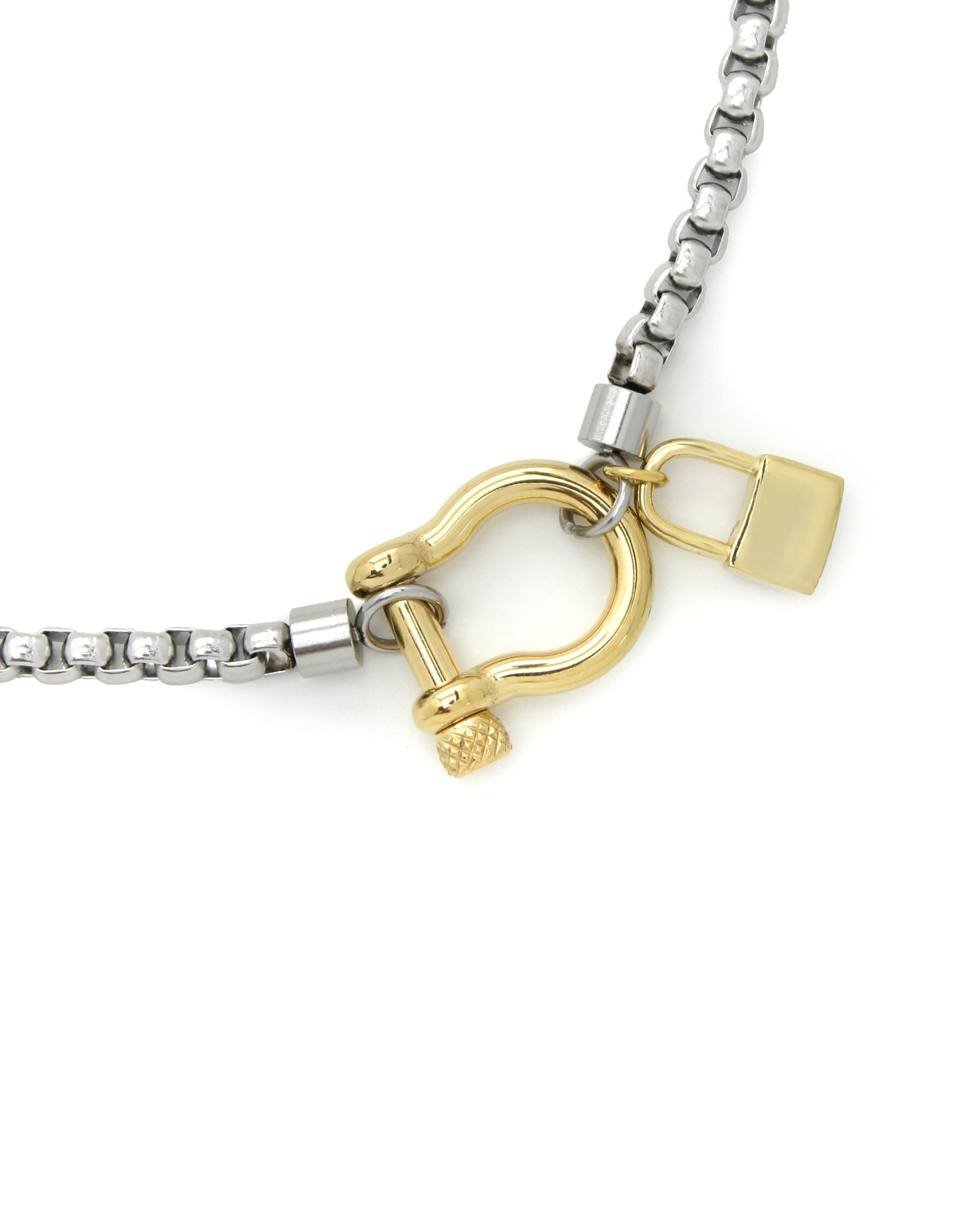 Herradura Lock Single in silver chain and gold clasp and a gold plated Brass lock pendant