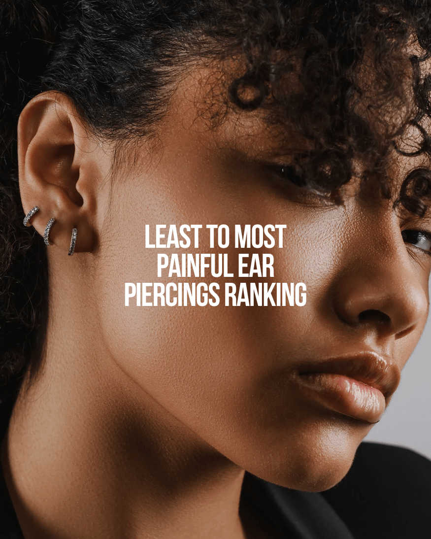  Close-up of a woman wearing multiple ear cuffs and studs, with text overlay reading "Least to most painful ear piercings ranking."






